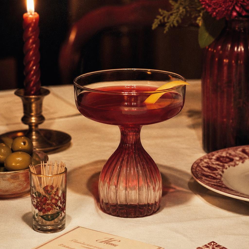A statement coupe glass on a candlelit dinner table